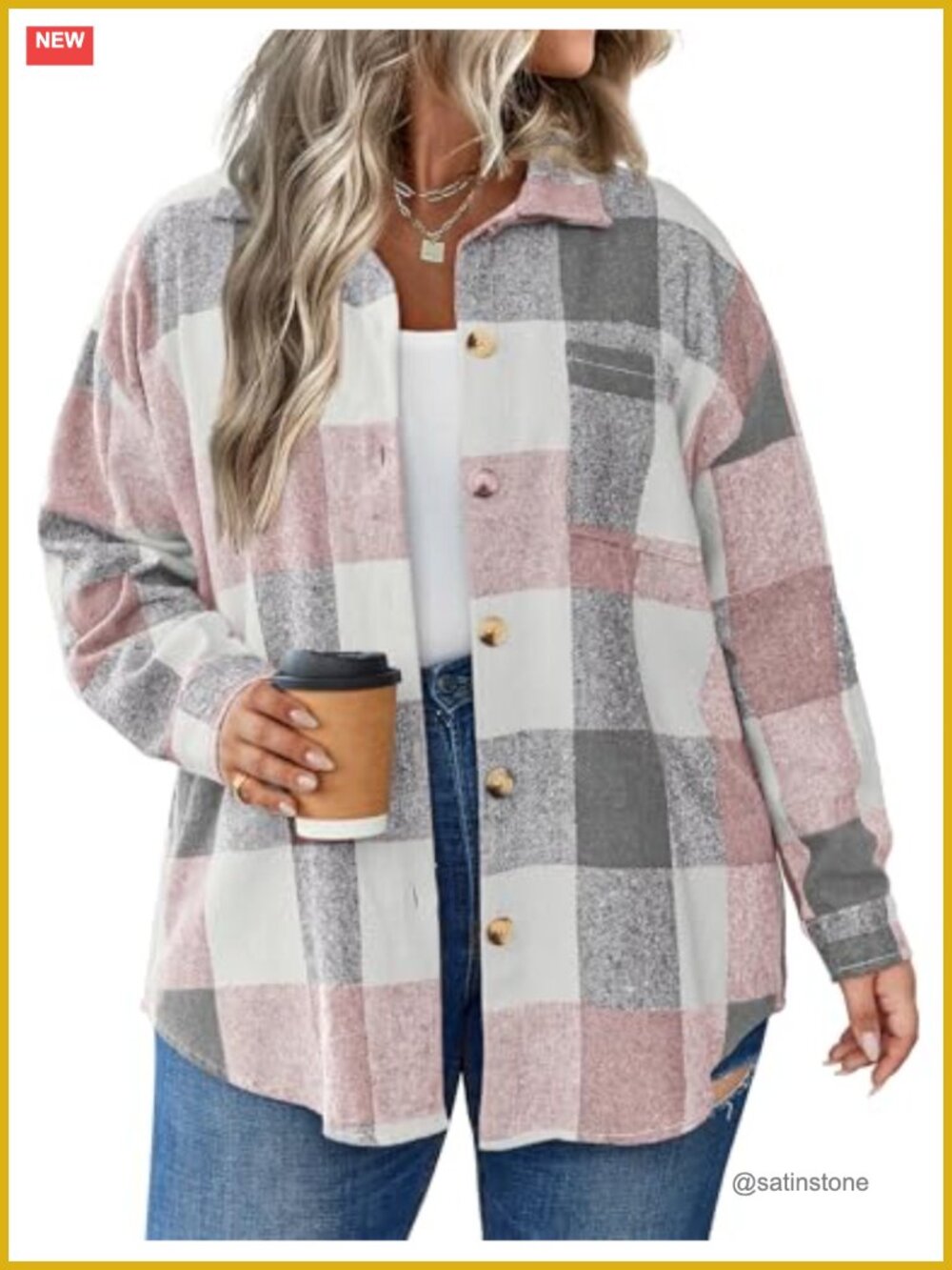 Women's Plus Size Plaid Shacket Long Sleeve Button Front Casual Jacket